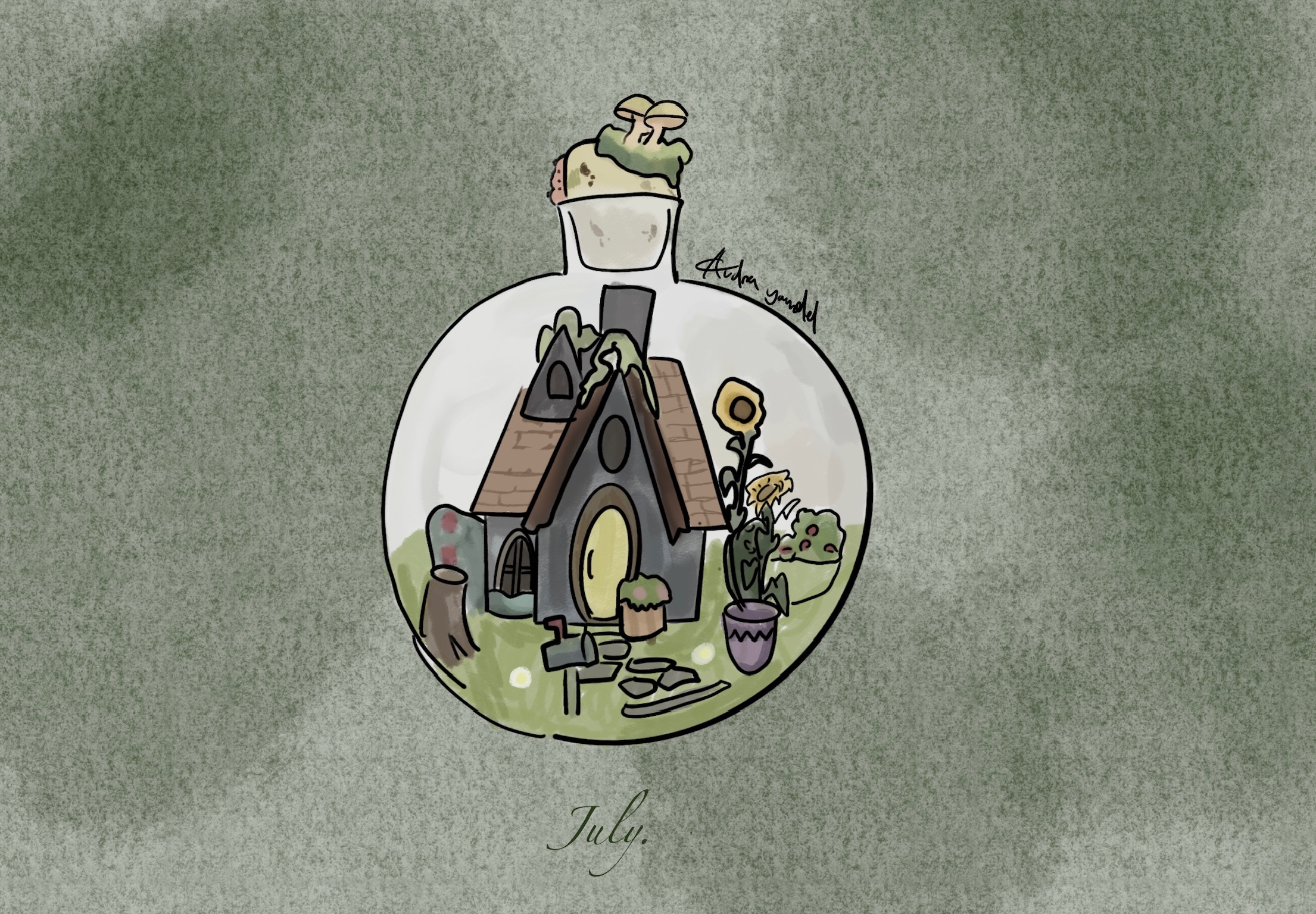 A bottled house of memory, drawn by Audra Yandel