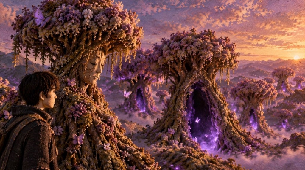 A ridge of Trees of Ebbs with dark hollowed gaps leaking violet light