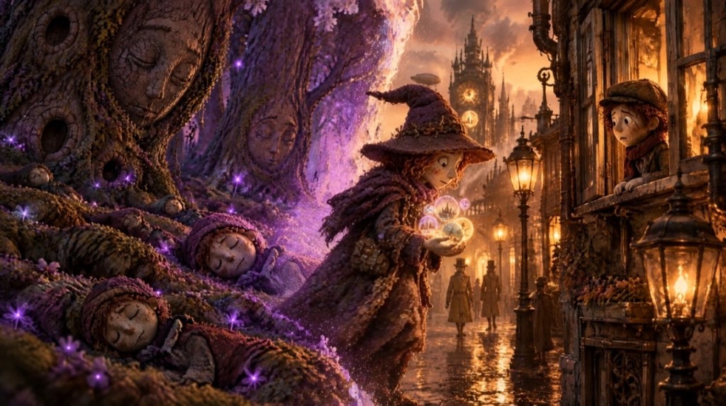 A robed witch stepping out of a sleeper's dream carrying a glowing handful of memory