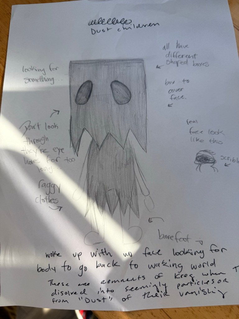 Audra Yandel's pencil design sheet for the Dust Children, with handwritten notes