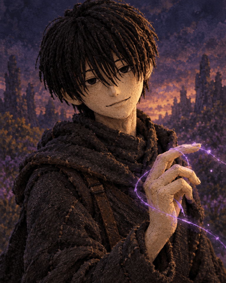 Caul, a quiet young man with violet light around his hand