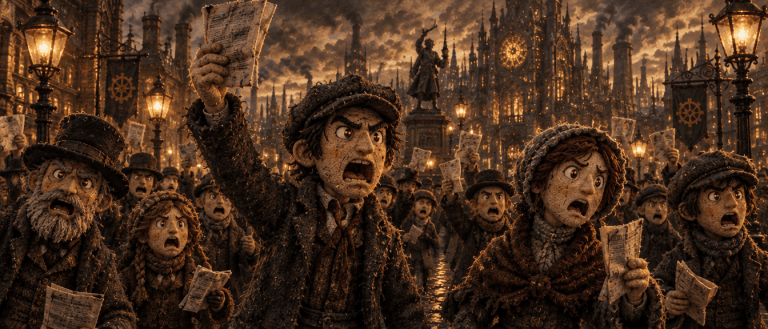 An angry crowd waving pamphlets, their eyes faintly glowing