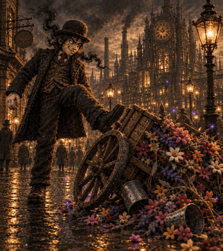 A man in a bowler hat kicking over a flower cart