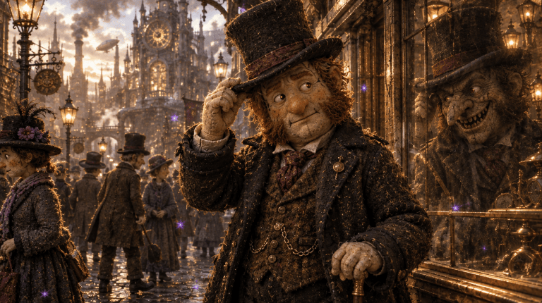 A gentleman tipping his hat while his reflection is a goblin