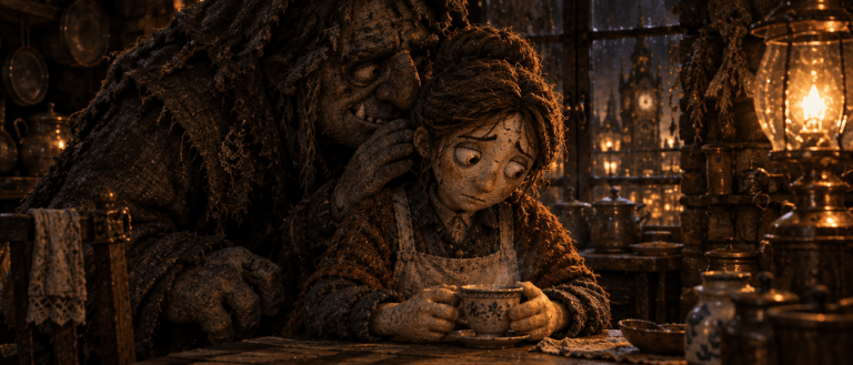 A troll whispering into a tired woman's ear