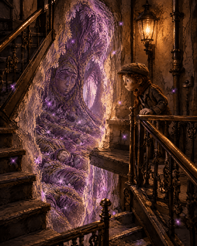 A tenement stairwell where the wall between floors has gone thin and the Reach shows through