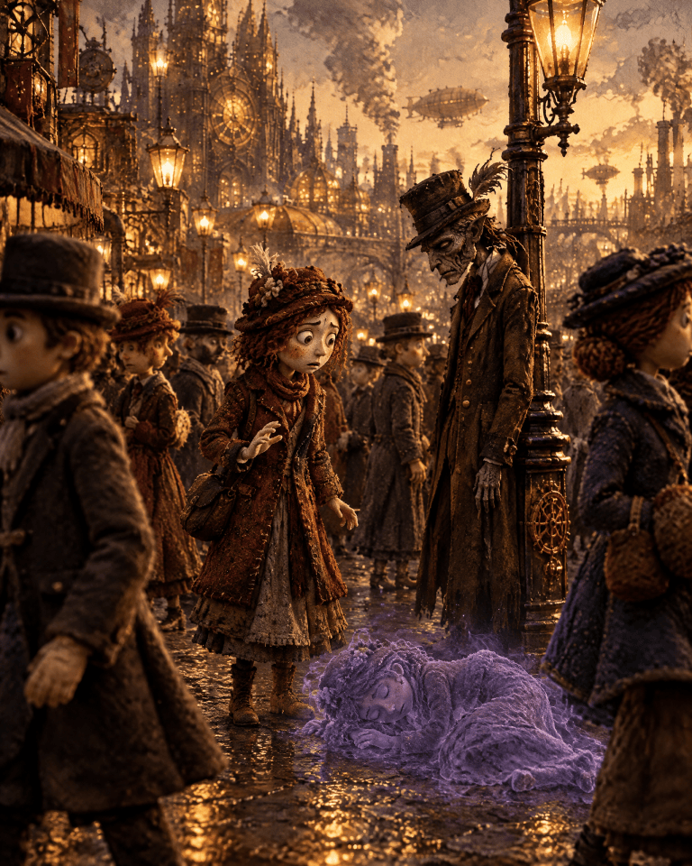 A young woman frozen in a crowded street, seeing what everyone else walks past