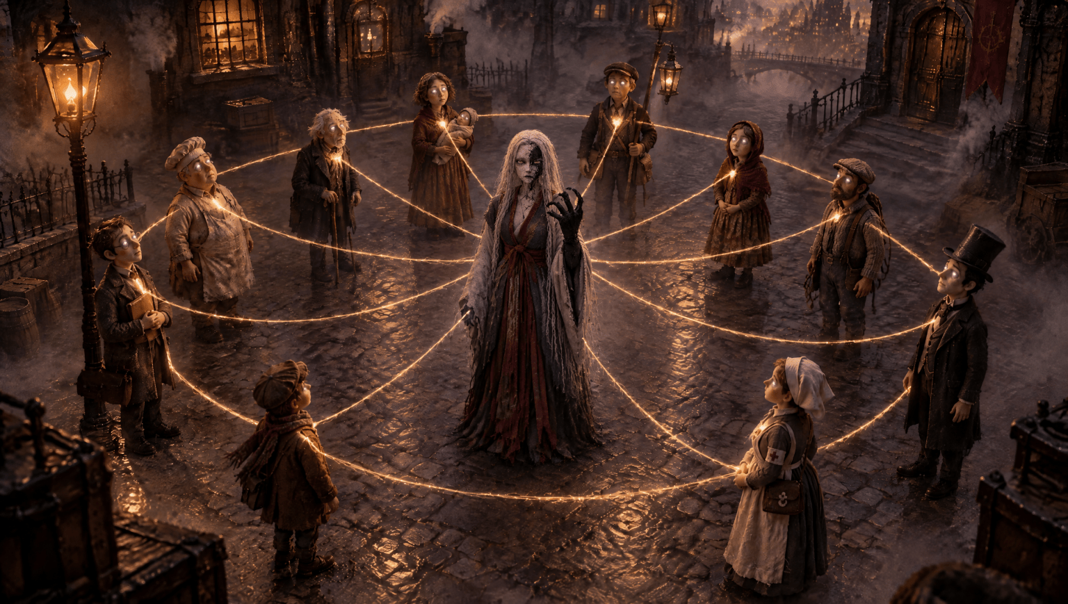 The ten strangers linked by gold threads, with Lethe standing solid in the centre