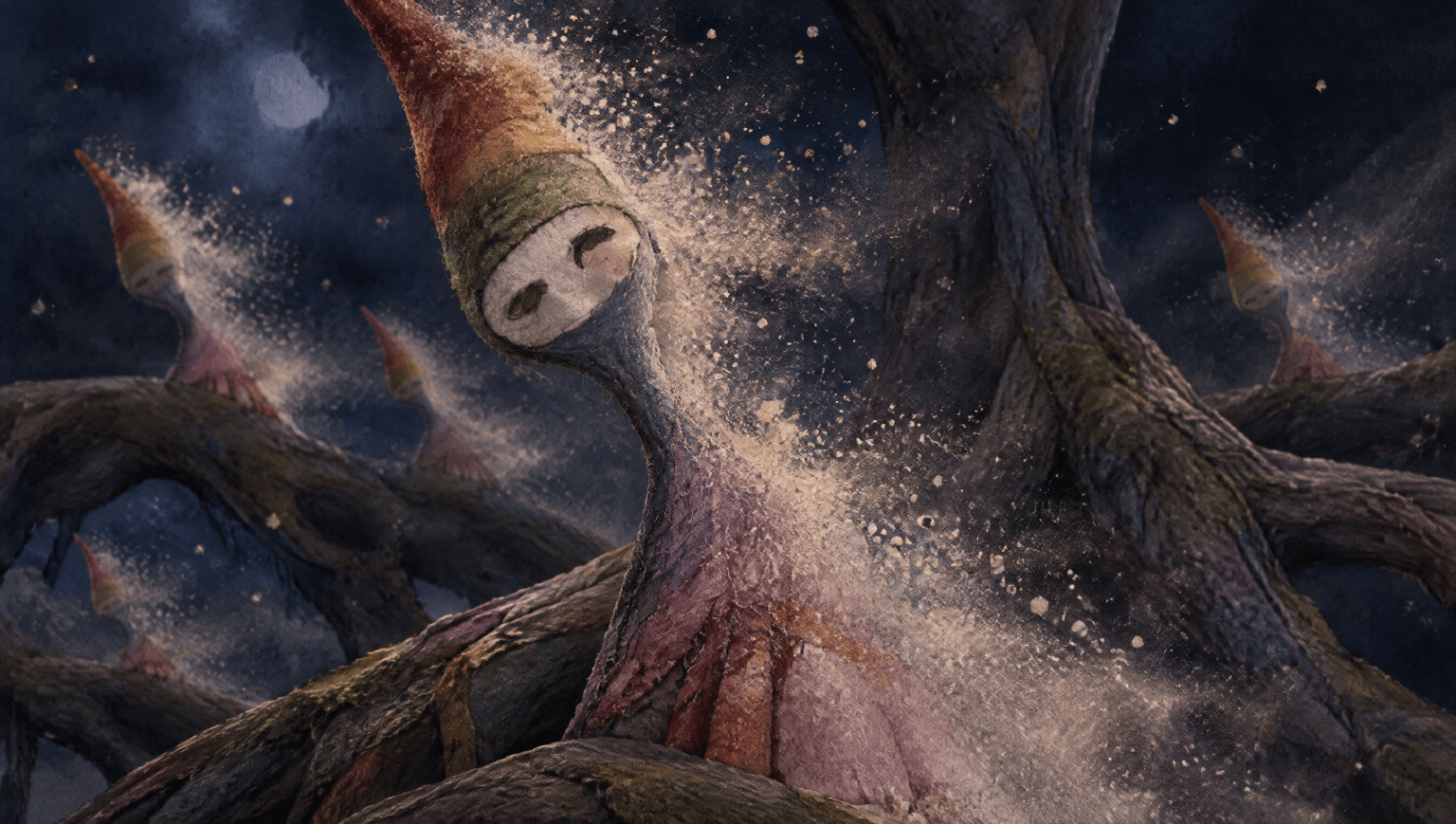 A Kreg on the root of a Tree of Ebbs at night, coming apart into drifting dust while other Kregs fade the same way behind it