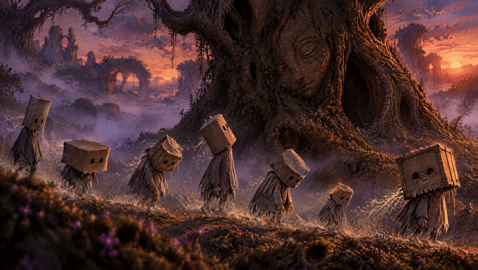 Seven small figures in rags with boxes over their heads, every box a different shape, wandering beneath a hollowed Tree of Ebbs at dusk