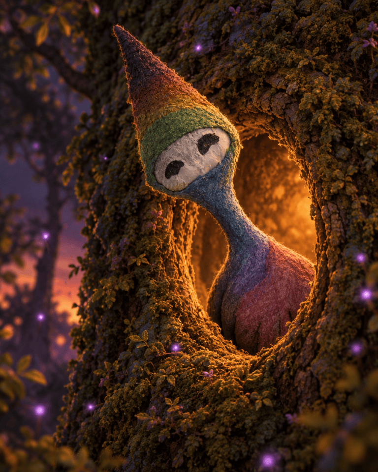 Kreg leaning out of the glowing knothole of a Tree of Ebbs