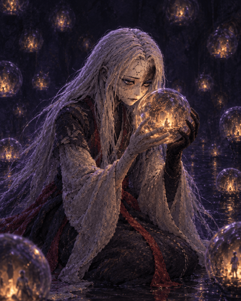 Lethe, pale with long white hair, holding a glowing memory orb